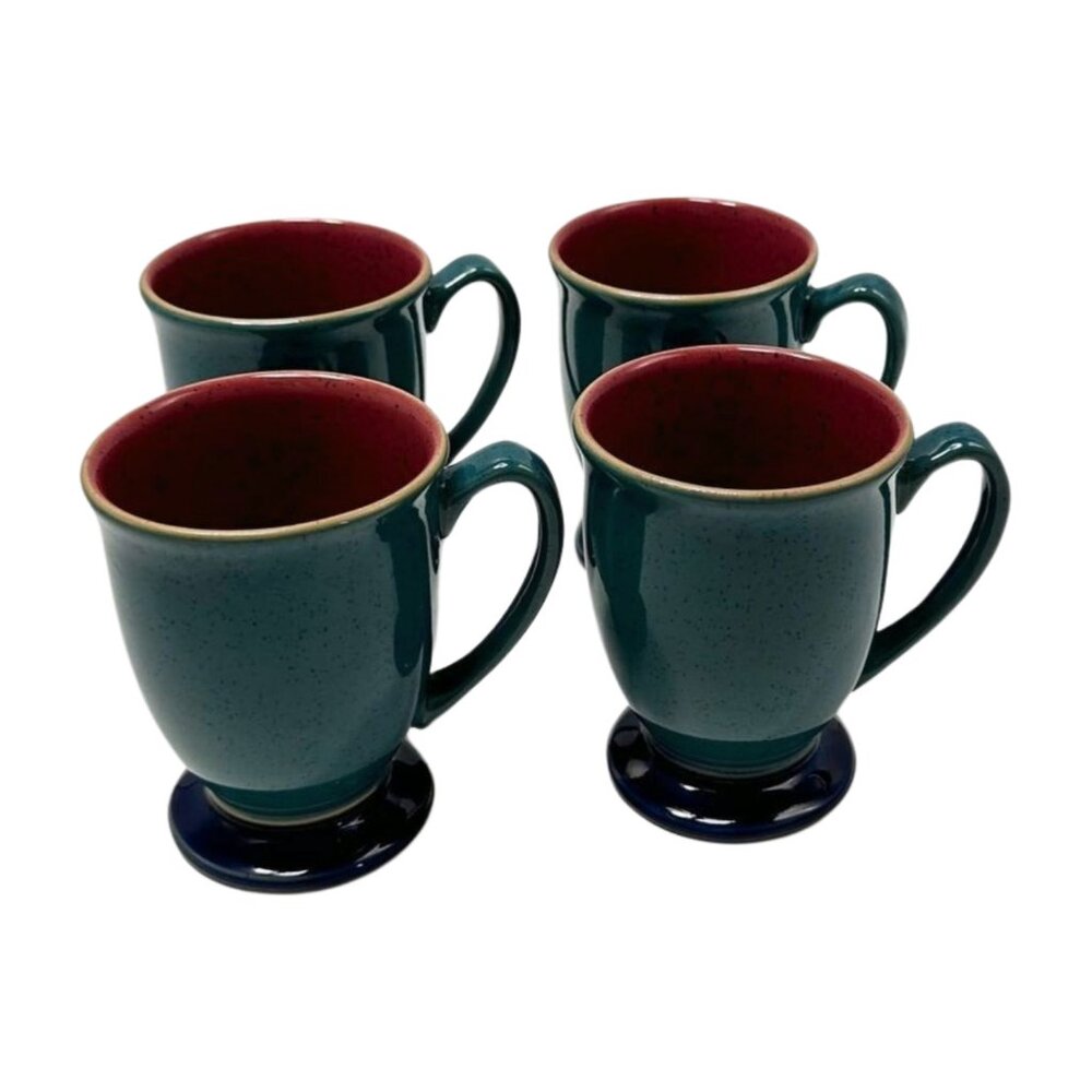 Denby Harlequin Coffee Mugs Coffee Green Red Lot 4 Pedestal Blue Footed Pottery